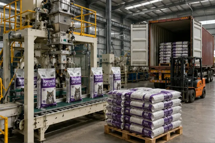 Automatic packaging line for bentonite cat litter factory with finished bags ready for shipment