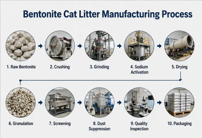 Bentonite cat litter manufacturing process from raw bentonite clay to finished packaging