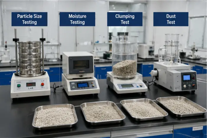Quality inspection laboratory testing particle size moisture and dust levels of bentonite cat litter
