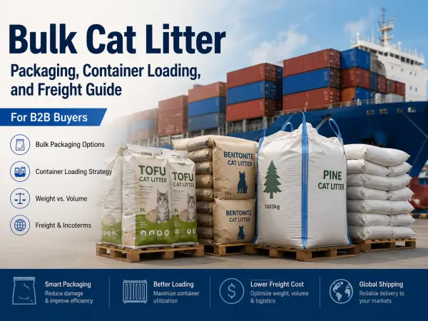 Bulk cat litter packaging and container loading for international B2B shipping