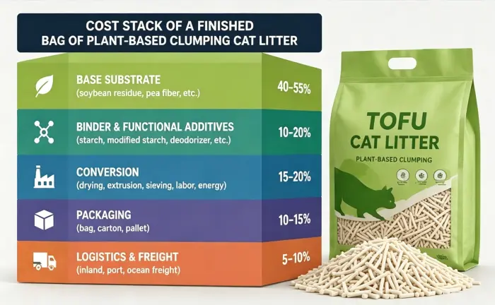 Cost stack diagram of a finished bag of plant-based clumping cat litter showing substrate, binder, packaging, conversion and freight shares