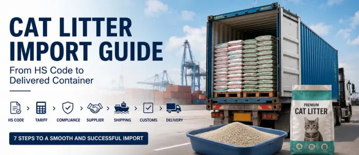 Cat litter import guide illustrating HS code classification, shipping logistics, customs clearance, and container delivery