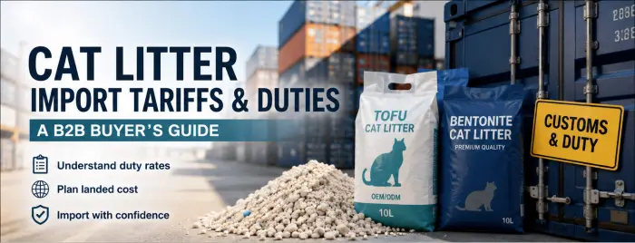 Cat litter import tariffs and duties guide showing customs clearance, HS codes, shipping containers, and wholesale cat litter packaging