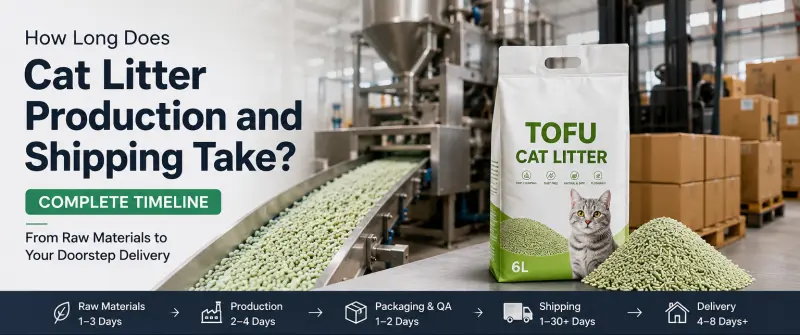 cat litter production and shipping time infographic showing manufacturing process, packaging, and international shipping timeline