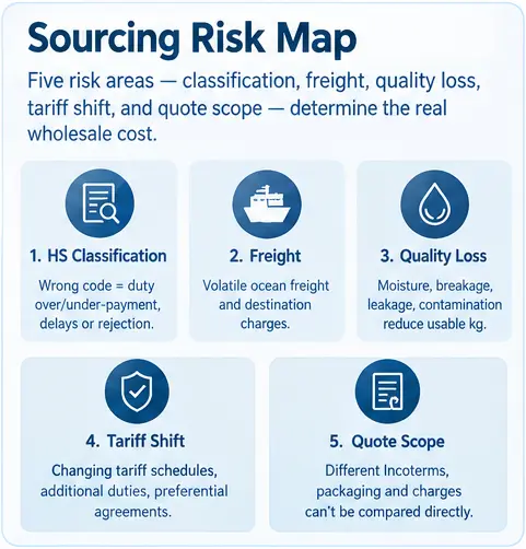 Cat litter sourcing risk map covering HS classification, ocean freight, quality loss, tariff changes, and quote scope