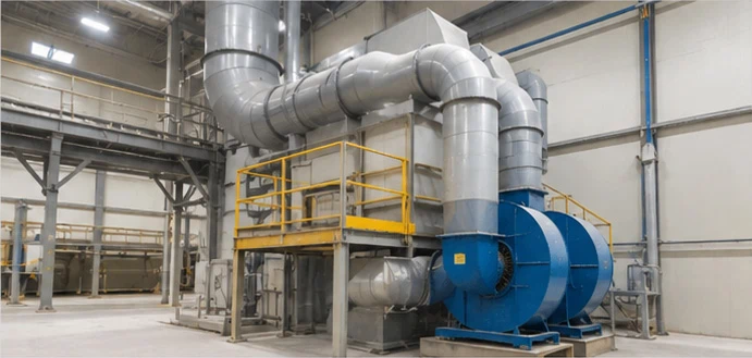 Dust control system in cat litter production line with negative pressure ventilation and enclosed equipment