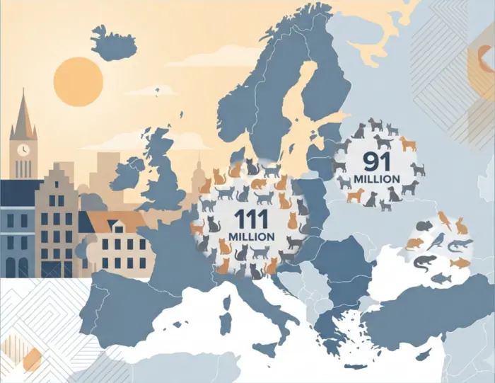 Illustration of Europe's total pet population with cats as the largest category at 111 million