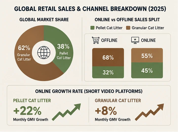 Global cat litter market share chart showing granular and pellet distribution across online and offline retail channels in 2025