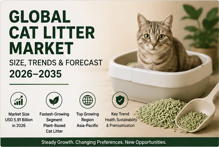 Global cat litter market size and trends infographic showing market growth forecast, key segments, and industry overview from 2026 to 2035