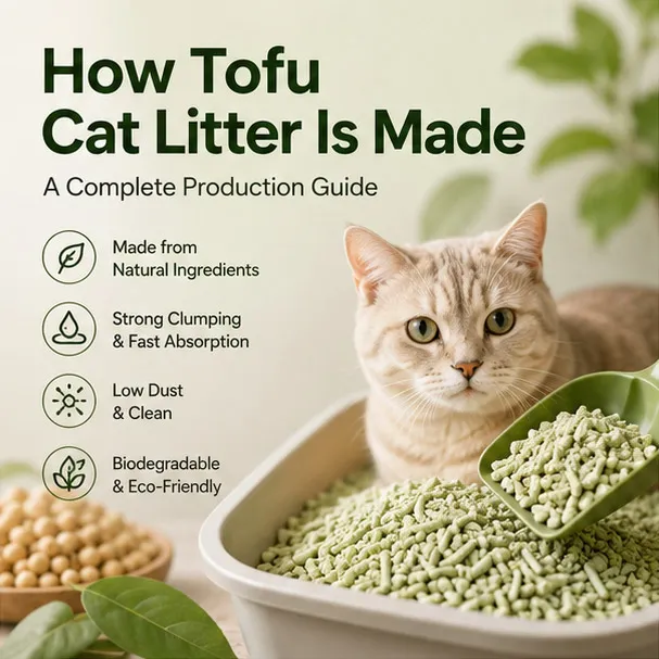 Cat using tofu cat litter made from soybean fiber, featured in a complete guide explaining how tofu cat litter is made