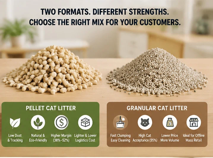 🔍 Alt Text Retail strategy guide for choosing pellet or granular cat litter based on store type, customer segment, and market demand