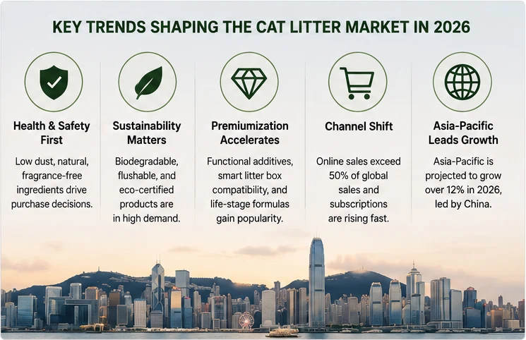 Main drivers of cat litter market growth including pet humanization, sustainability trends, health awareness, and premiumization in 2026