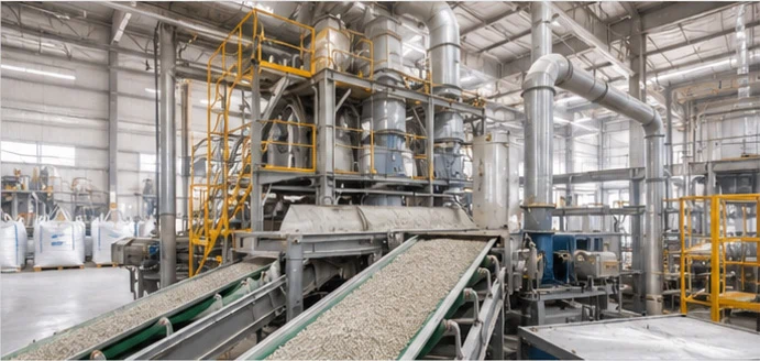 Low dust cat litter manufacturing process in modern factory with enclosed production line and dust control system