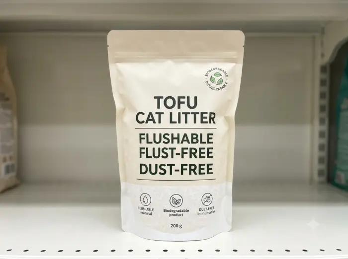Tofu cat litter pouch labeled flushable and dust-free on a Malaysian retail shelf