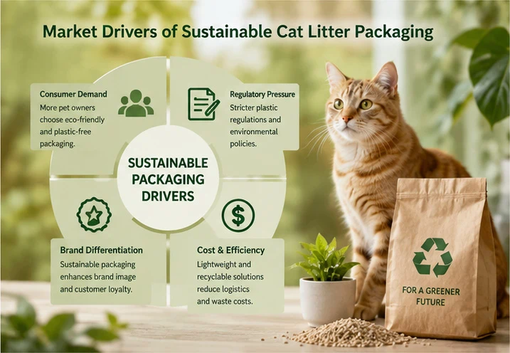 Consumer demand, environmental regulations, and brand sustainability initiatives driving sustainable cat litter packaging adoption