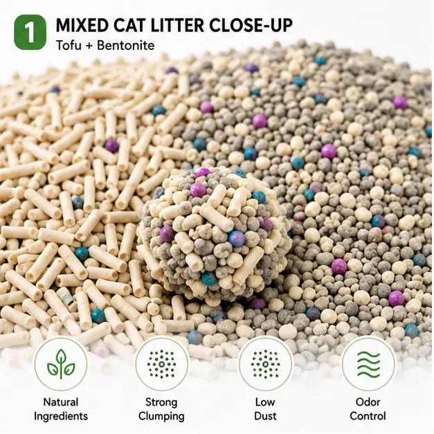 Premium mixed cat litter made from tofu and bentonite granules