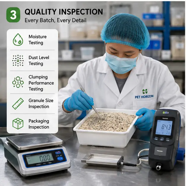 Quality inspection of mixed cat litter before packaging