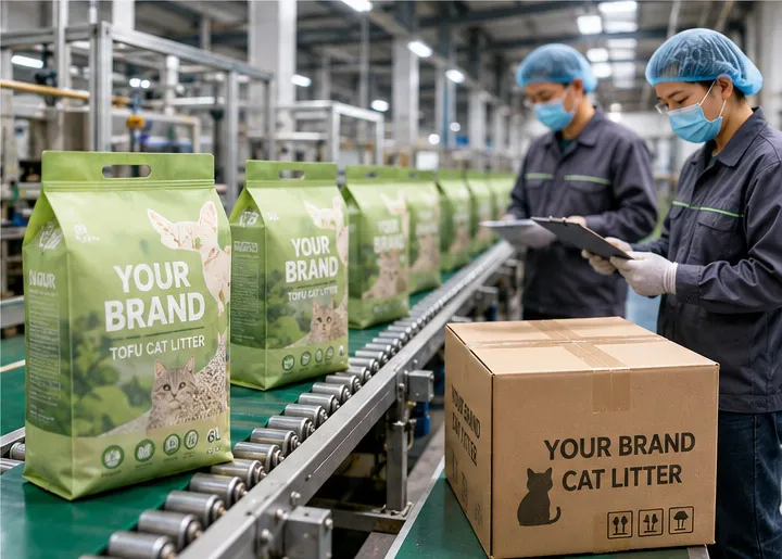 OEM cat litter manufacturer producing private label tofu cat litter products in a modern factory