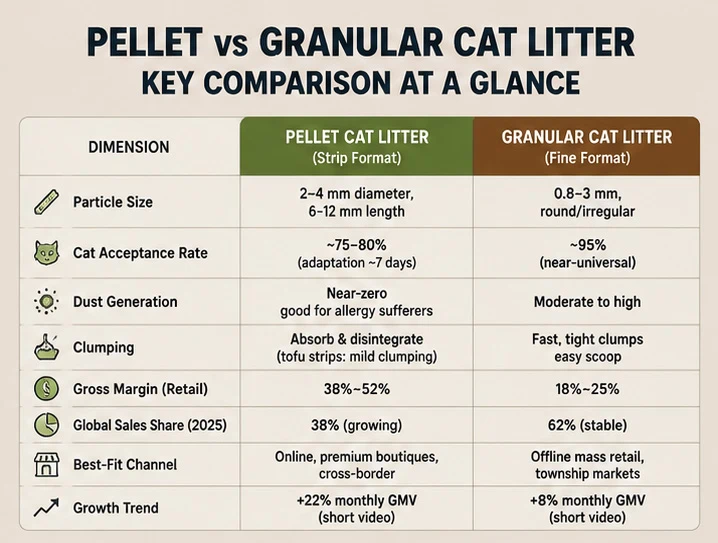 Comparison table of pellet cat litter and granular cat litter showing performance metrics including dust, clumping, acceptance rate, and profit margin