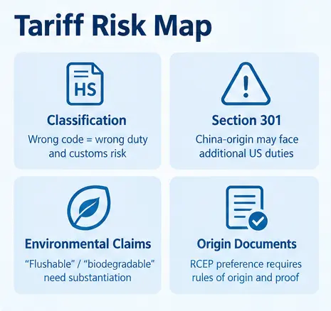 Key tariff risks for plant-based cat litter including classification, Section 301, environmental claims, and origin documents