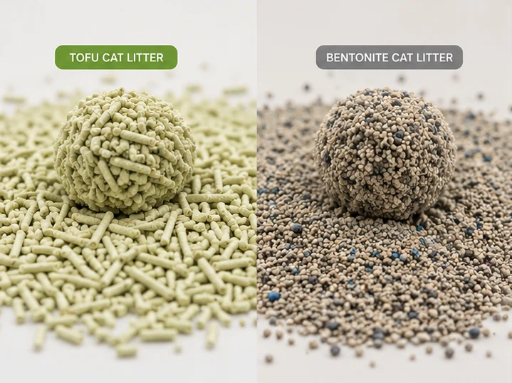 Plant-based tofu cat litter made from soybean pulp compared with mineral bentonite cat litter
