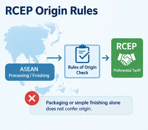 RCEP origin rules for plant-based cat litter showing that packaging or simple finishing alone does not confer origin