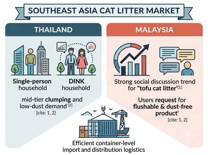 Southeast Asia cat litter market report cover B2B infographic for Thailand and Malaysia market analysis
