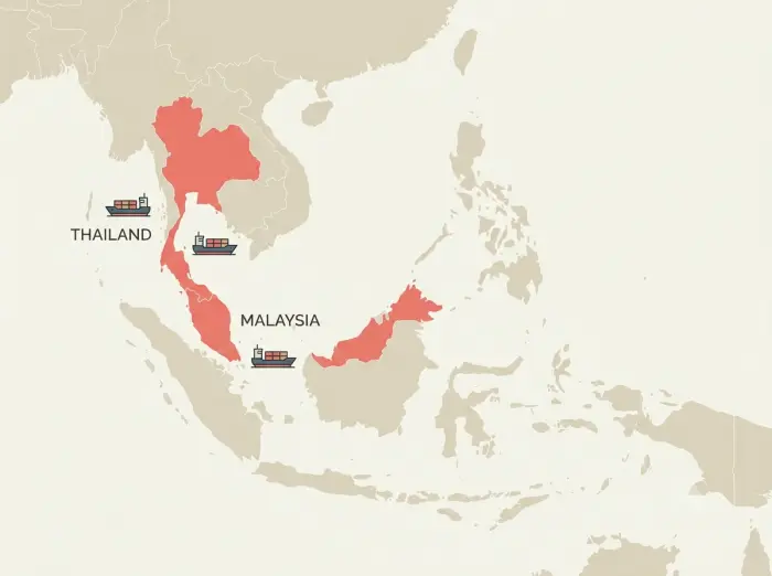 Southeast Asia map highlighting Thailand and Malaysia as cat litter import hubs