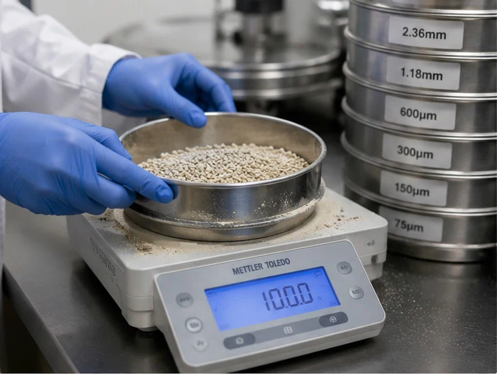 Laboratory technician weighing and sieving cat litter for static dust testing