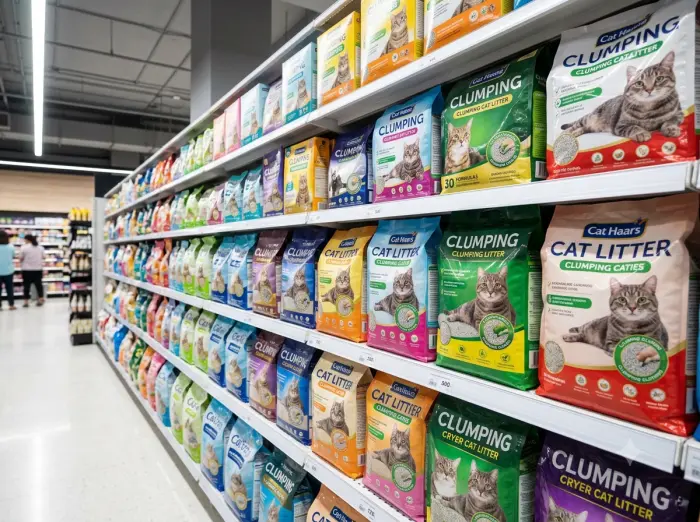 Retail cat litter shelves in a Thai urban supermarket showing mid-tier clumping litter