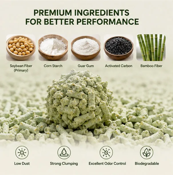 Tofu cat litter ingredients including soybean fiber, corn starch, activated carbon, and bamboo fiber