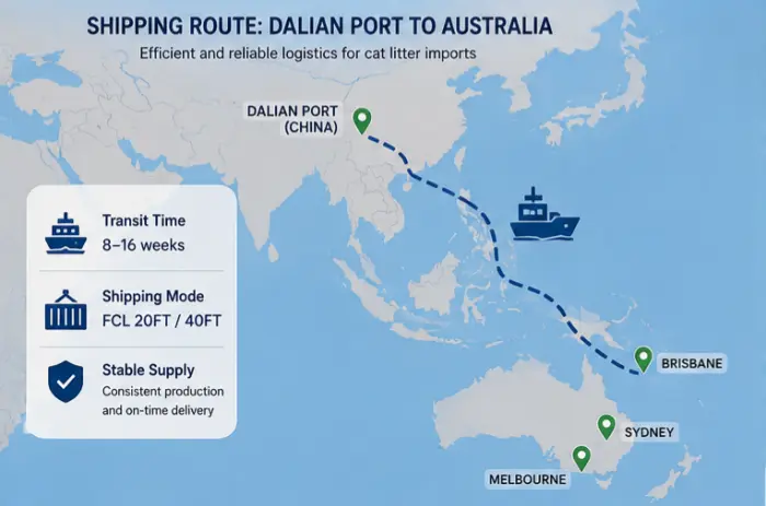 Shipping route from Dalian Port to Australia for cat litter imports