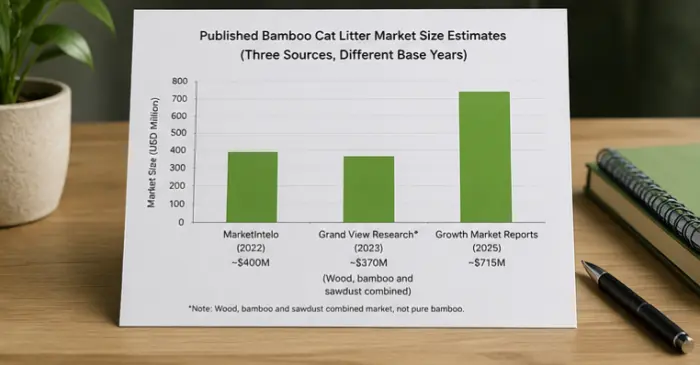 Comparison of published bamboo cat litter market size estimates from different sources