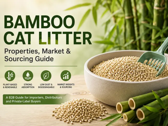 Bamboo cat litter pellets in a bowl with bamboo stalks and a litter scoop
