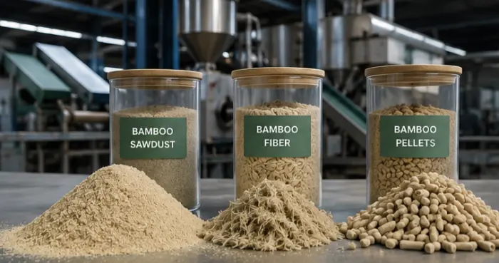 Bamboo sawdust, bamboo fibre and bamboo litter pellets in a manufacturing facility