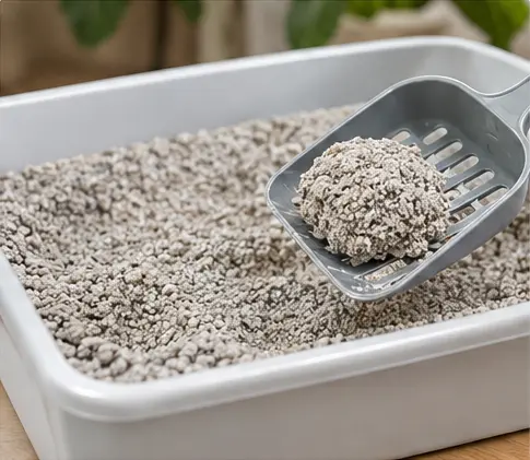 Clump formation test of bentonite cat litter in a tray