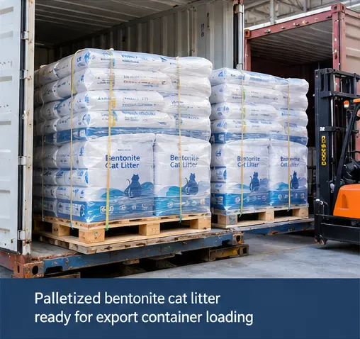 Palletized bentonite cat litter ready for export container loading