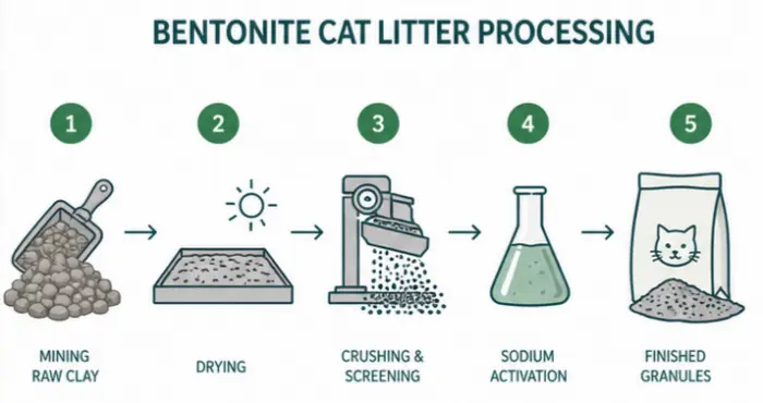 Bentonite cat litter processing from mined clay to screened granules