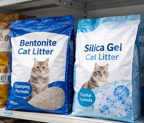 Bentonite and silica gel cat litter formats on a retail shelf