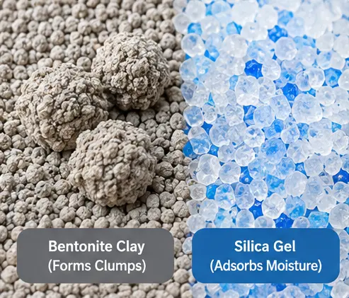 Side-by-side bentonite clumps and silica gel cat litter granules