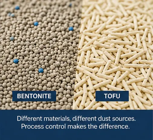 Bentonite and tofu clumping cat litter granules compared side by side