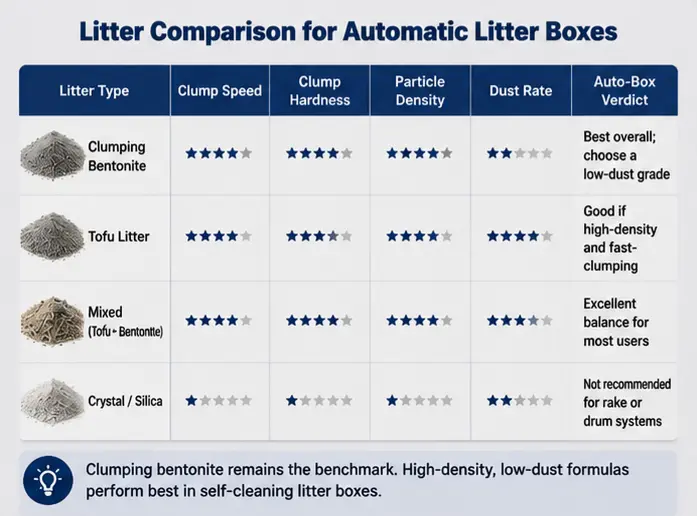 Comparison grid of four cat litter types rated for clump speed density and dust in automatic boxes