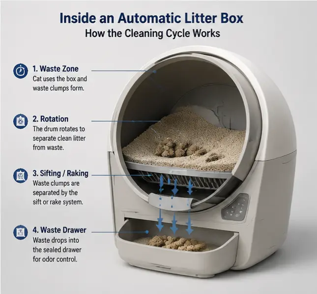 Cutaway diagram of a rotating self-cleaning litter box drum showing the clumping and raking zones