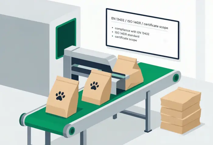 Private-label cat litter production line with a compliance checklist board