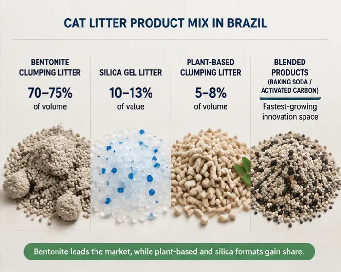 Bentonite tofu and silica cat litter types sold in the Brazil market