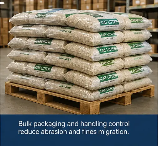 Bulk clumping cat litter bags on pallets for packaging and transport control