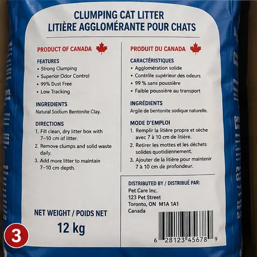 English and French labeling on Canadian cat litter packaging