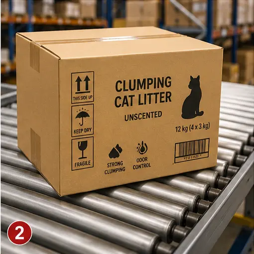 Cat litter packaging prepared for parcel shipping and e-commerce fulfillment