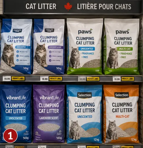 Private label cat litter products on a Canadian retail shelf