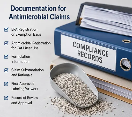 Compliance document checklist for cat litter antimicrobial claims